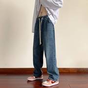 美式复古深蓝色牛仔裤，男春秋oversize裤子，ins高街潮松紧腰直筒裤