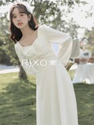 RIXO EXIT法式方领泡泡袖白色小礼裙收腰显瘦连衣裙小白裙伴娘裙