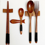 巢酷日式木筷勺叉套装老漆楠木制筷子5支长柄汤饭餐勺匙筷托架子