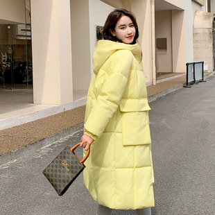 奶黄色羽绒棉服，女中长款2024冬季韩版宽松棉衣加厚保暖外套潮