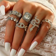 rz0575创意个性饰品几何，蛇形戒指6件套气质复古方形宝石套装戒指