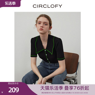 circlofy瑟夕翻领，撞色短袖针织t恤女2024夏季黑色体恤上衣