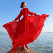 三亚沙漠旅游衣服超仙红色，大摆拖尾拍照长裙飘逸海边度假沙滩裙女