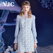 VJC/威杰思秋冬女装假两件碎花连衣裙复古喇叭袖高腰裙子