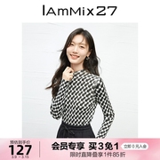 iammix27半高圆领套头毛衫女修身显瘦黑白格子绵羊毛针织打底衫女