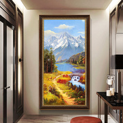 网红大芬村手绘玄关油画，风景欧式客厅，竖版美式走廊尽头过道装饰画