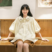 小雨良品日系奶甜泡泡袖，绣花娃娃领衬衫女夏季小个子韩版上衣学生
