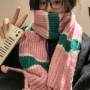 zgp日本拼色针织毛线围巾，女冬季高级感加厚保暖流苏围脖护颈防寒