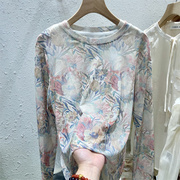 粉蓝色水墨画印花网纱薄款长袖，t恤打底衫圆领设计感韩版宽松上衣