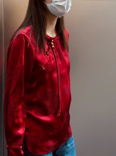减龄新中式红色复古盘扣重磅绸缎真丝衬衫女长袖大码上衣国风小衫