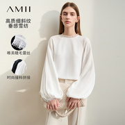 amii2024春圆领撞料拼接蕾丝，雪纺衫女插肩袖灯笼袖宽松上衣