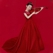 儿童礼服高端红色拖地走秀长裙，小主持人钢琴小提琴表演演出连衣裙