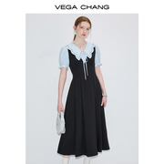 vegachang连衣裙女2024年夏季法式复古娃娃，领假两件拼色长裙