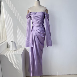 外贸 跨境法式高级气质修身显瘦紫色一字肩抹胸晚礼服连衣裙长裙