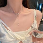 巴黎设计师水晶蝴蝶结吊坠项链，轻奢锁骨链，高级感颈链