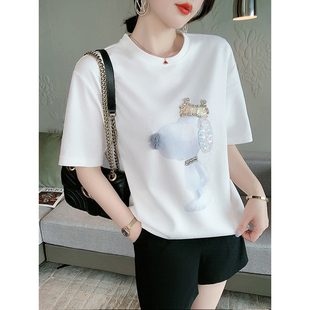 白色短袖T恤女2023年夏季韩版中长款宽松重工卡通圆领上衣潮