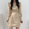 韩国ins春季设计感小众交叉V领不规则系带收腰假两件泡泡袖连衣裙
