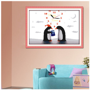 可爱企鹅印花十字绣客厅房间卡通动漫自己刺绣动物图案实用挂钟表