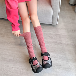 韩版甜美粉色系少女风小腿，袜简约竖纹jk学生长筒袜百搭外穿及膝袜