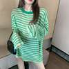 韩版绿色条纹长袖T恤女夏季宽松显瘦针织防晒衫中长款上衣ins