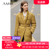 amii2023年冬通勤温暖配腰带，西装式羽绒服女中长款宽松外套