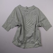 欧美春季女士圆领蝙蝠袖竖条纹衬衫 时尚侧开叉纯棉套头衫A16
