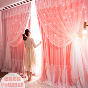 网红公主风卧室少女全遮光韩式窗帘布纱一体小清新蕾丝温馨