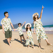 2023母女亲子装一家四口夏季全家装沙滩衬衣套装母女阔腿连体