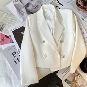 双排扣白色西装外套女修身2022春秋季纯色，小个子气质长袖短款西服