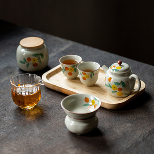 陶怡中式田园草木灰陶瓷手绘枇杷，套装功夫茶具，茶壶茶杯茶盘套组
