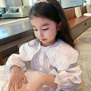 女童蕾丝娃娃领衬衫，2024春季韩版儿童，纯棉长袖打底衫宝宝衬衣