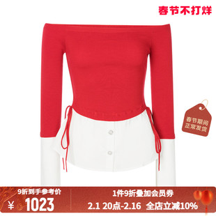 ODTD女士简约设计常规款长袖一字肩毛衣针织衫红色新年毛衣