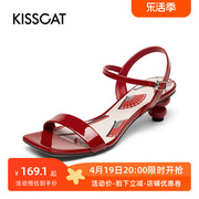 KISSCAT/接吻猫夏季牛皮方头中跟一字带都市时装凉鞋女KA21311-10