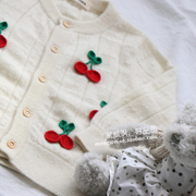 蒙威飒儿童镂空羊绒衫，白色手工樱桃，甜美可爱薄开衫圆领毛衫