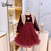 Disney迪士尼女童冬季年服拼接蓬蓬纱裙女孩公主新年连衣裙潮