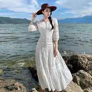 法式温柔风v领泡泡袖白色，连衣裙女夏季海边度假高级感蕾丝长裙子