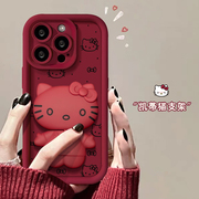 猫咪支架手机壳适用于苹果15iphone15promax可爱14卡通，13潮牌12新年11小众，高级感xr补妆镜支架xs酒红色78