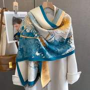 仿羊绒围巾女油画，双面2023秋冬气质，高端大牌时尚披肩外搭保暖