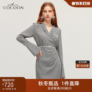 miss COCOON黑白格纹裙2023秋女气质V领下摆小开衩连衣裙