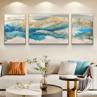 纯手绘油画抽象日照金山轻奢挂画办公室，客厅沙发背景墙三联装饰画
