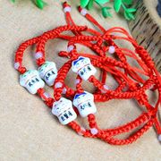 民族风手工编织陶瓷猫红绳，手链义乌饰品男女幸运红色手绳