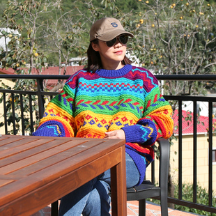 冬季尼泊尔彩虹毛衣针织，加厚冰岛毛衫羊毛，宽松大码复古毛衣外套女