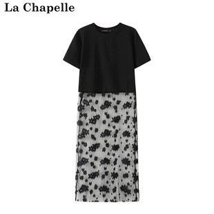 拉夏贝尔/La Chapelle透视钩花拼接假两件连衣裙短袖网纱裙女