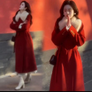 韩版千金红色战袍毛呢外套，连衣裙女春秋季中长款毛领大衣显瘦网红