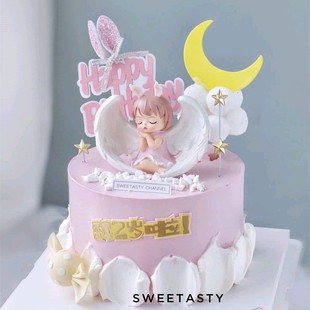 安妮宝贝天使翅膀女孩蛋糕，摆件装饰粉色公主，兔耳朵卡通可爱甜