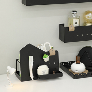 黑白现代桌面收纳盒多功能，收纳架创意房子，造型纸巾盒钥匙收纳盘