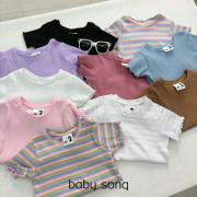 澳单cot2-10岁女童夏季纯棉，弹力彩虹条纹圆领，纯色短袖t恤
