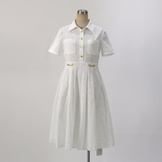 2023夏季女装民族风镂空刺绣法式拼接连衣裙，纯白色衬衫中长裙