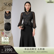 SUSSI/古色春季商场同款黑色宫廷立领荷叶边假两件连衣裙女
