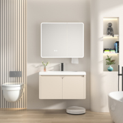现代简约奶油风卫生间不锈钢浴室柜组合一体陶瓷白色圆角洗手盆柜